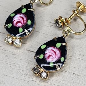 Vintage Moreno Glass Pink Rose Teardrop Rhinestone ScrewBack Earrings -Gold Tone